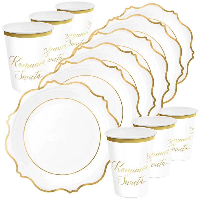Zestaw Talerzyki Kubeczki papierowe biało-złote Komunia Święta
