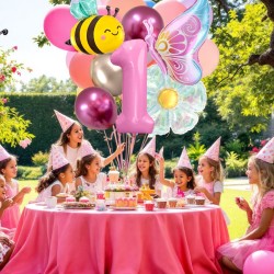 Zestaw balonów urodzinowych z cyfrą pastelowy róż pszczółka motyl kwiat