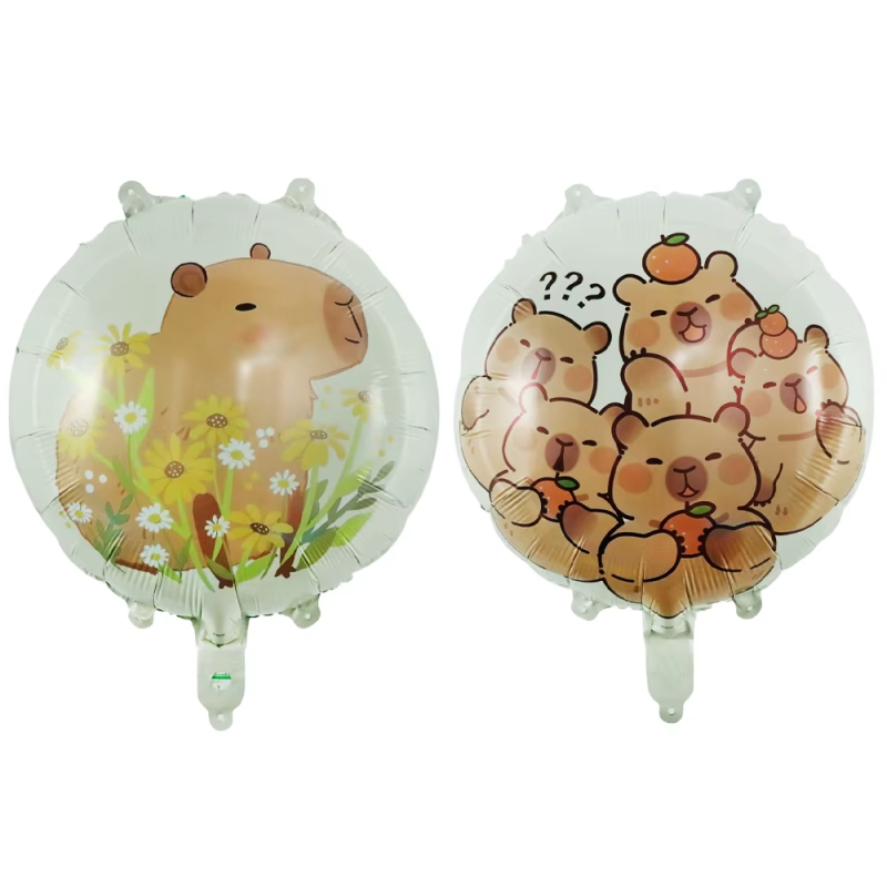 Balon foliowy okrągły dwustronny kapibary z owocami i kapibara w kwiatach