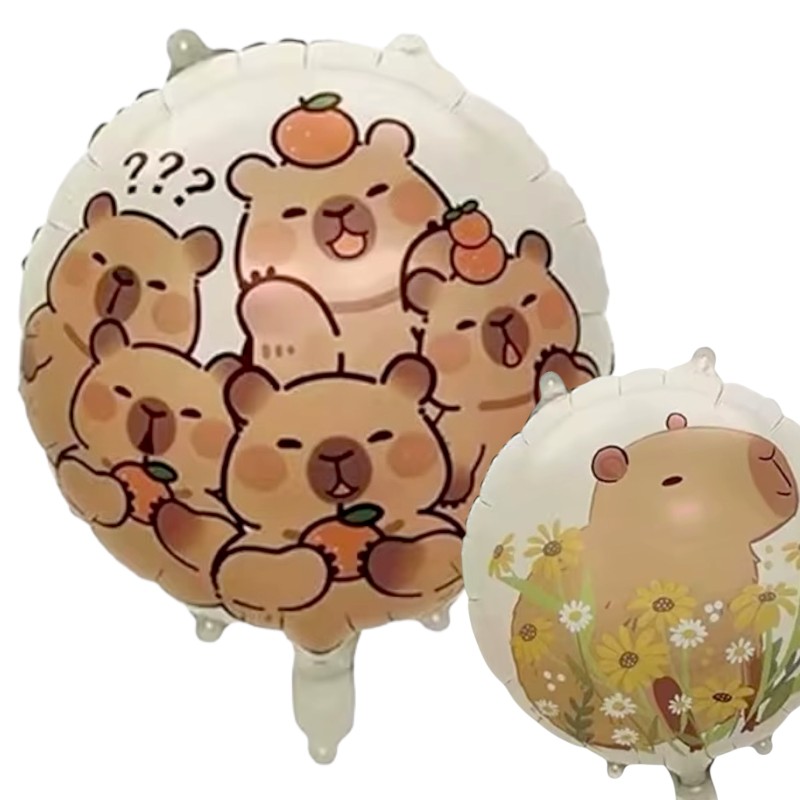 Balon foliowy okrągły dwustronny kapibary z owocami i kapibara w kwiatach