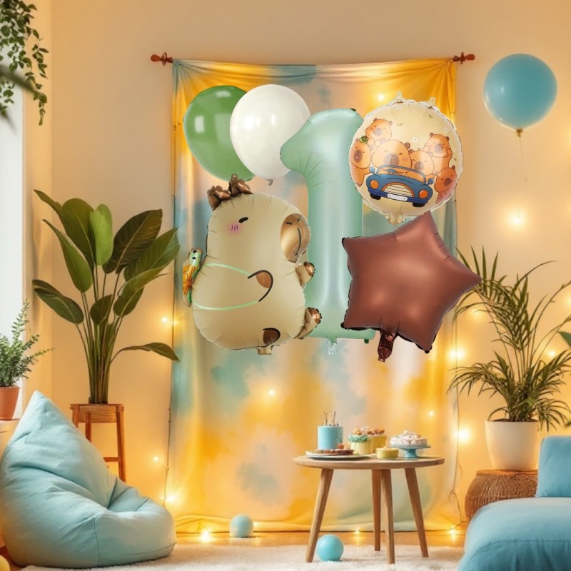 Zestaw balonów z kapibarą i zieloną cyfrą