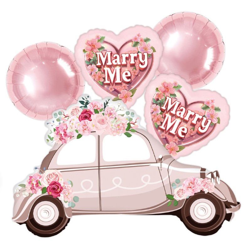 Zestaw balonów dekoracyjnych Marry Me Auto Różowe Serca Kwiaty
