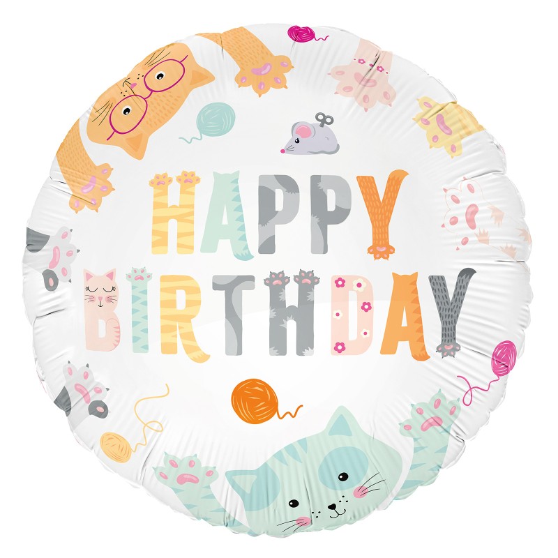Balon foliowy Happy Birthday z kotkami 45 cm Kotki