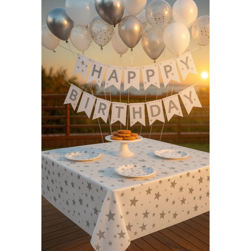 Biały Obrus Foliowy w Srebrne Gwiazdki 137x274cm