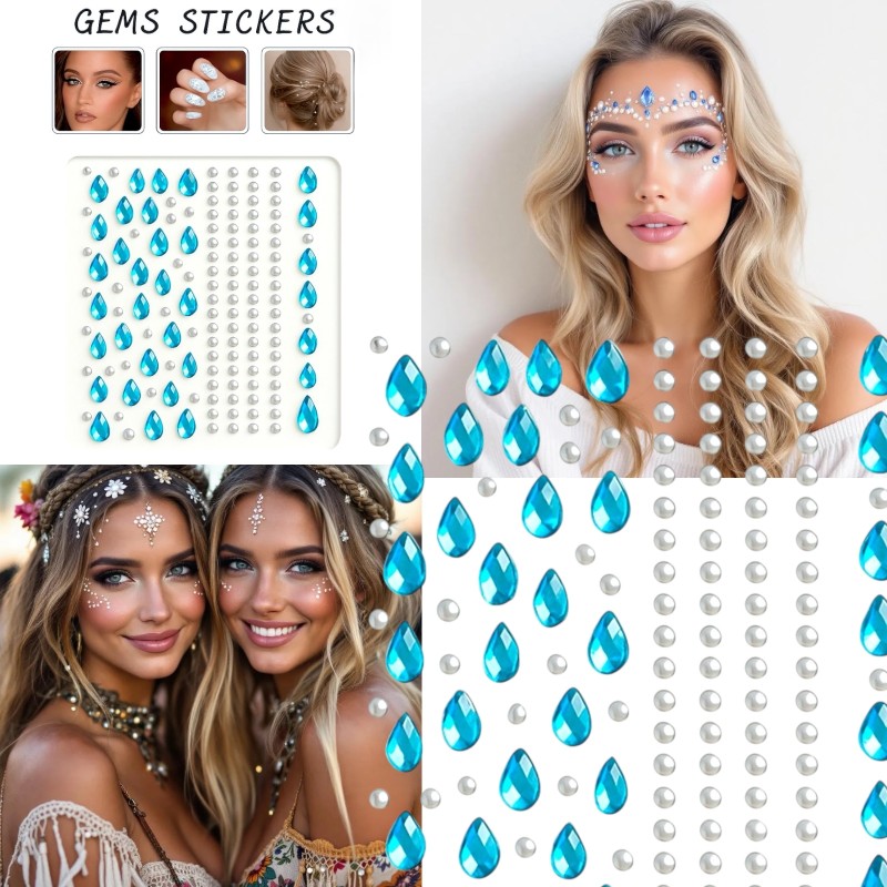 Kryształki niebieskie łezki i perełki FaceGem