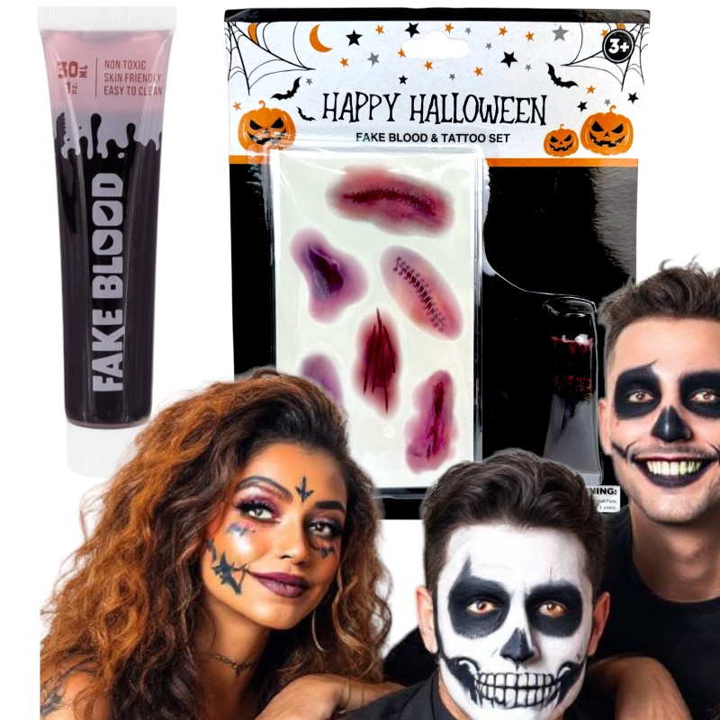 Halloweenowy zestaw tatuaży i sztucznej krwi
