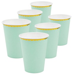 Zestaw talerzyków i kubeczków miętowych ze złotym brzegiem