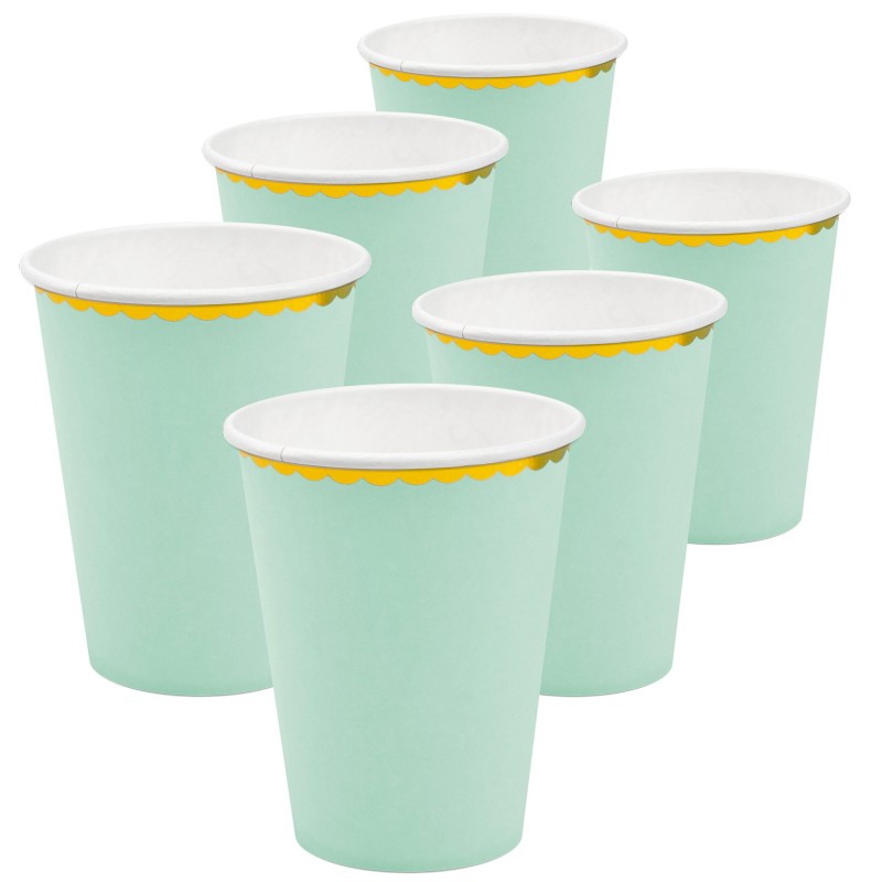 Zestaw talerzyków i kubeczków miętowych ze złotym brzegiem