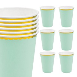 Zestaw talerzyków i kubeczków miętowych ze złotym brzegiem