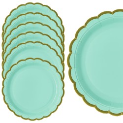 Zestaw talerzyków i kubeczków miętowych ze złotym brzegiem