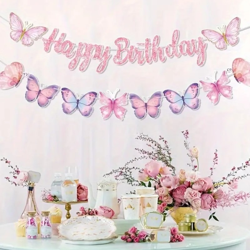 Baner Happy Birthday z motylami papierowy