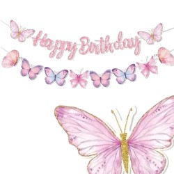 Baner Happy Birthday z motylami papierowy