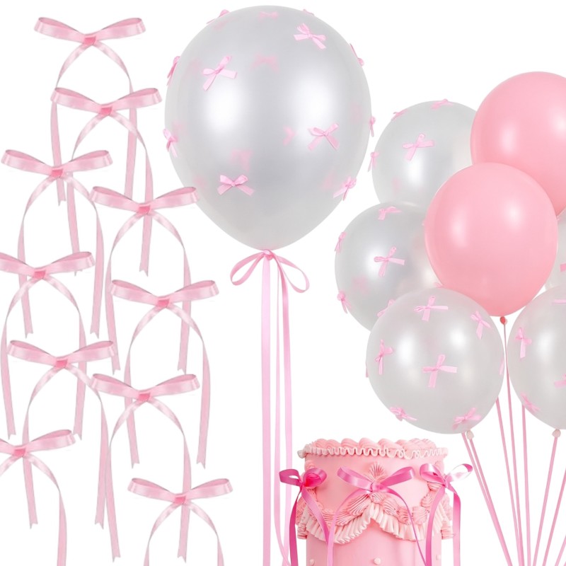 Różowe kokardki dekoracyjne na balony i tort 10 szt.