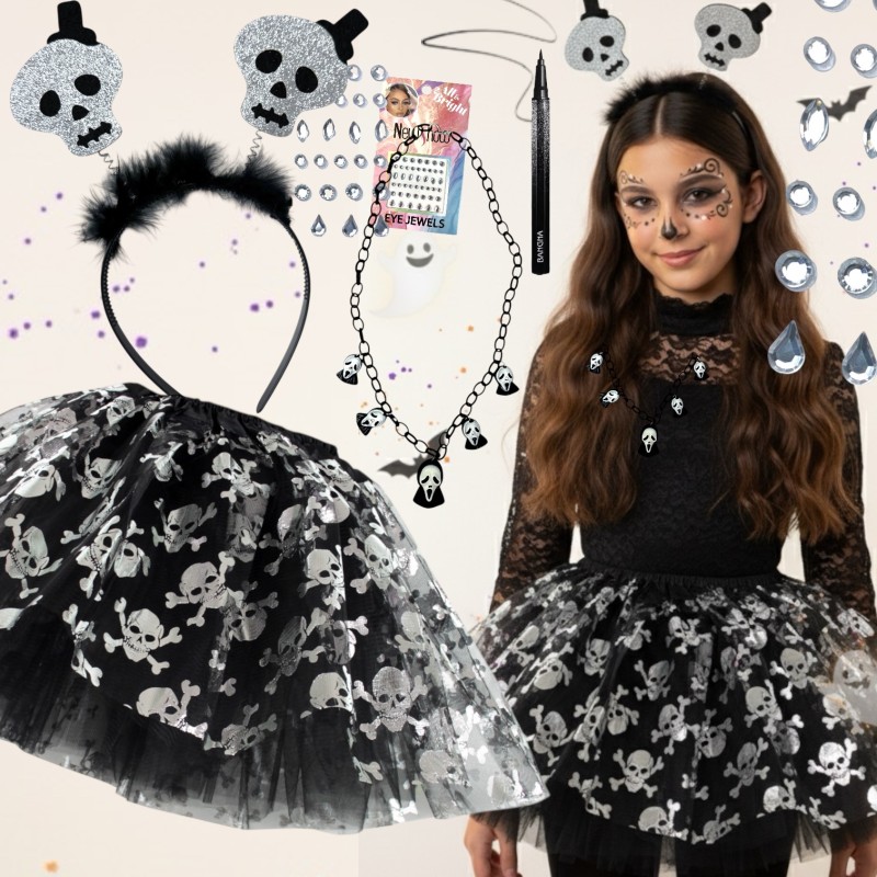 Strój na Halloween Kościotrup Szkielet Opaska Tutu Naszyjnik Akcesoria do makijażu kredka i kryształki