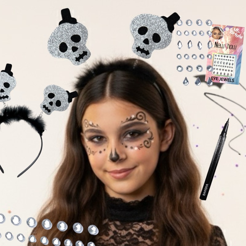 Strój na Halloween Kościotrup Szkielet Opaska Tutu Naszyjnik Akcesoria do makijażu kredka i kryształki