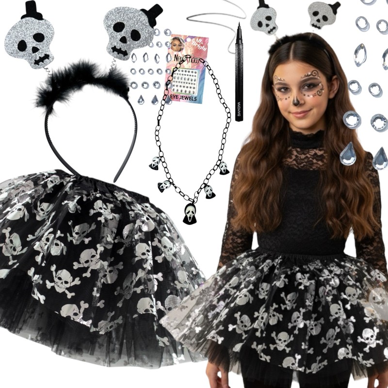 Strój na Halloween Kościotrup Szkielet Opaska Tutu Naszyjnik Akcesoria do makijażu kredka i kryształki