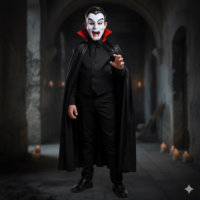 Zestaw Wampir Dracula Halloween Krew Maska Peleryna 120 cm