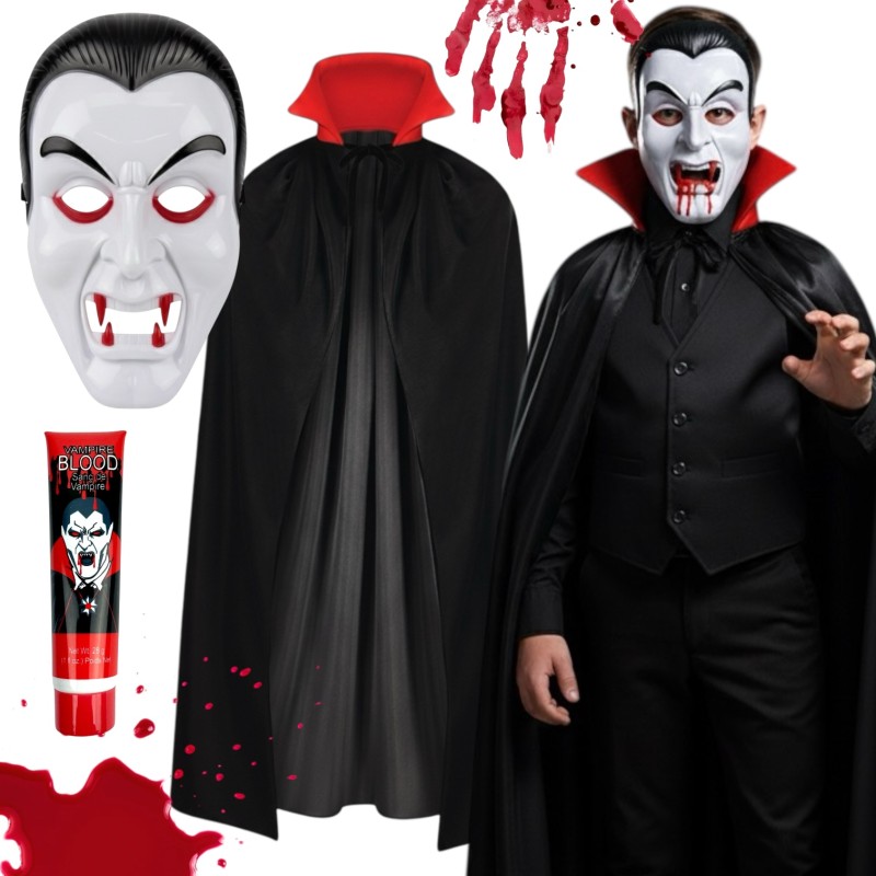 Zestaw Wampir Dracula Halloween Krew Maska Peleryna 120 cm