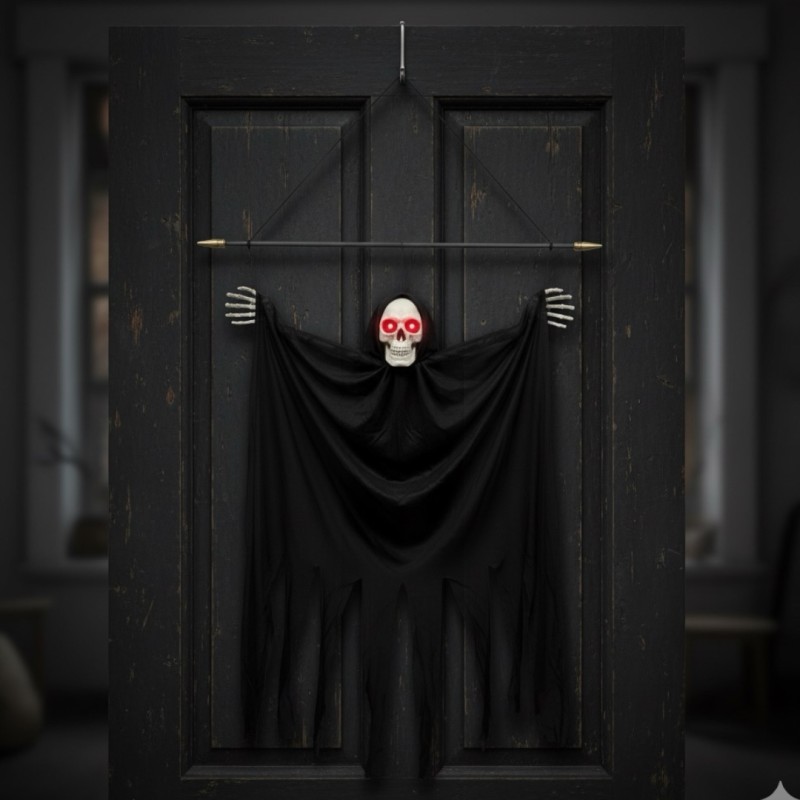 Czarny Kościotrup Duch dekoracja z dźwiękiem Halloween