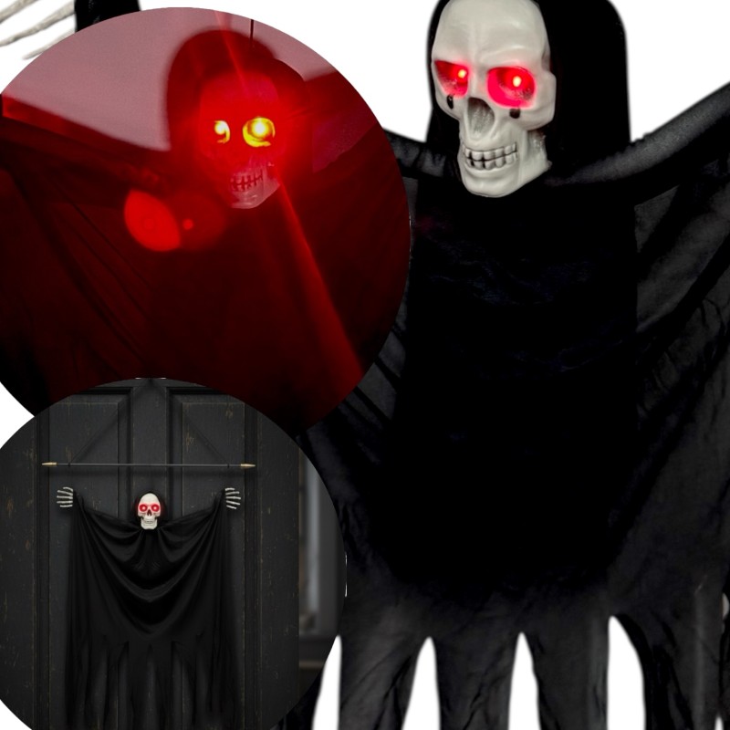Czarny Kościotrup Duch dekoracja z dźwiękiem Halloween