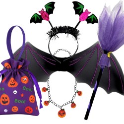 Zestaw Halloween Cukierek albo Psikus – Spódniczka Skrzydła Miotła Torebka Opaska Naszyjnik