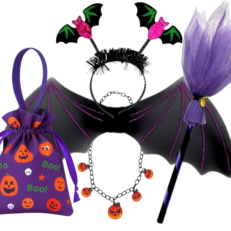 Zestaw Halloween Cukierek albo Psikus – Spódniczka Skrzydła Miotła Torebka Opaska Naszyjnik