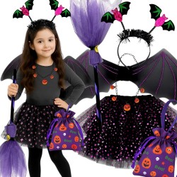 Zestaw Halloween Cukierek albo Psikus – Spódniczka Skrzydła Miotła Torebka Opaska Naszyjnik