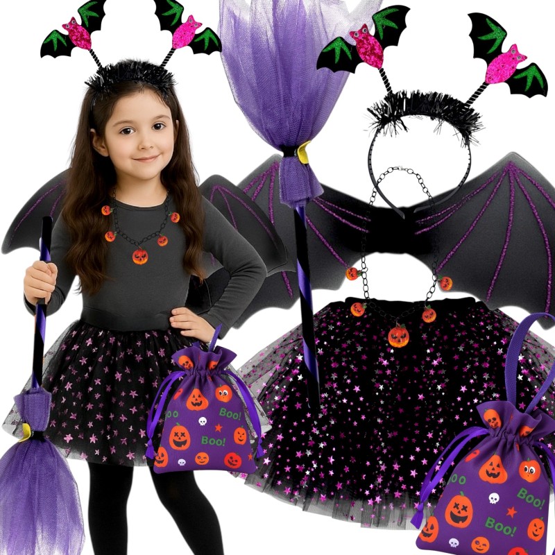 Zestaw Halloween Cukierek albo Psikus – Spódniczka Skrzydła Miotła Torebka Opaska Naszyjnik