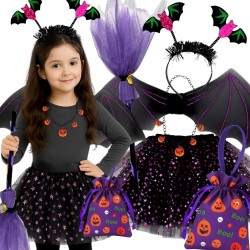 Zestaw Halloween Cukierek albo Psikus – Spódniczka Skrzydła Miotła Torebka Opaska Naszyjnik
