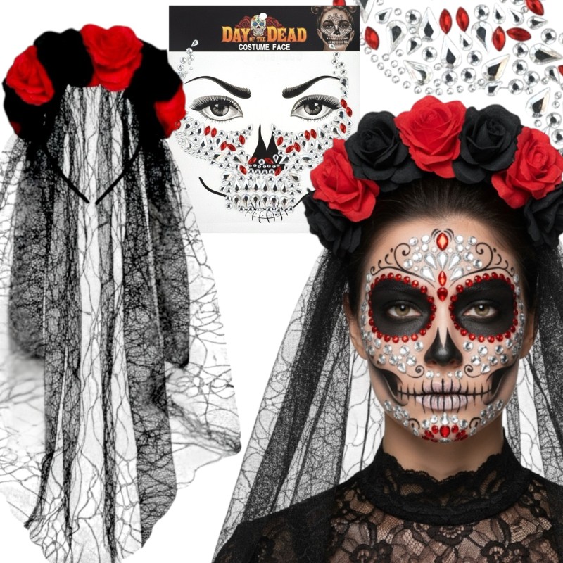 Zestaw do stylizacji La Catrina: Opaska z welonem i kryształki