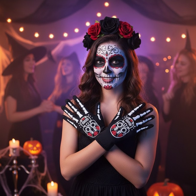 Rękawiczki Halloween z motywem La Catrina