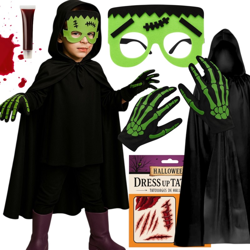 Strój Potwór Frankenstein Peleryna Maska Krew Tatuaże do Charakteryzacji