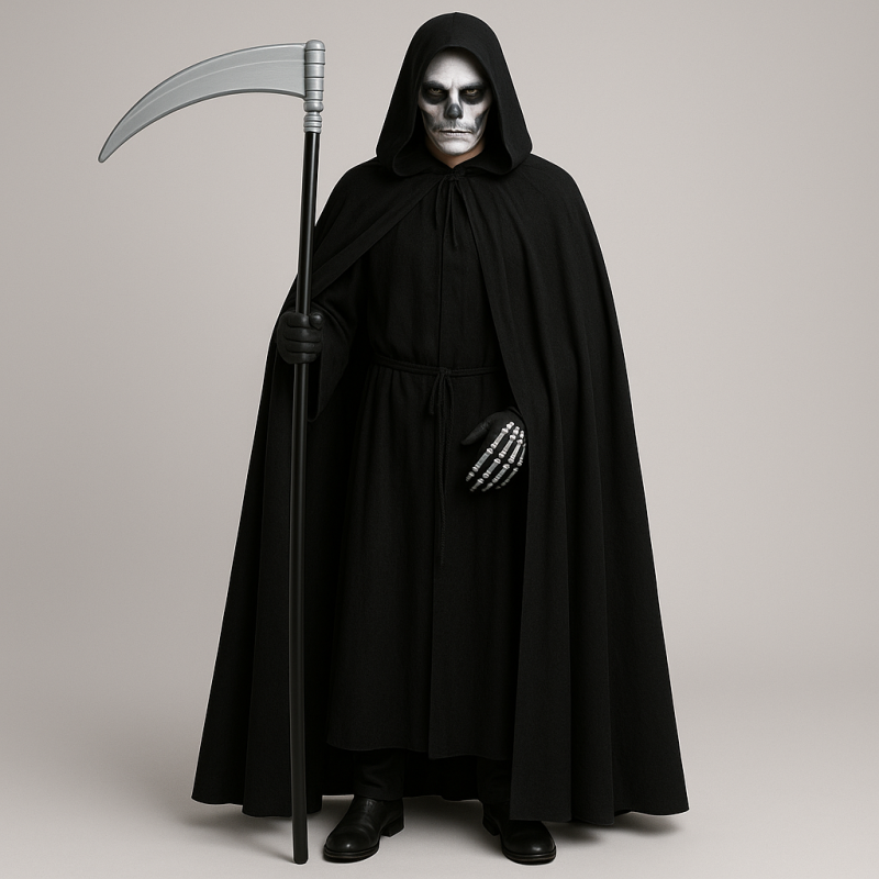 Peleryna z kapturem i kosa na Halloween