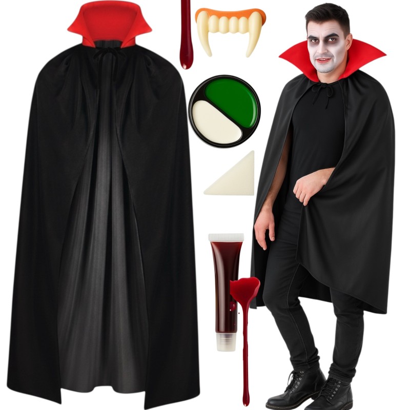 Zestaw Dracula z peleryną 128cm i makeup na Halloween
