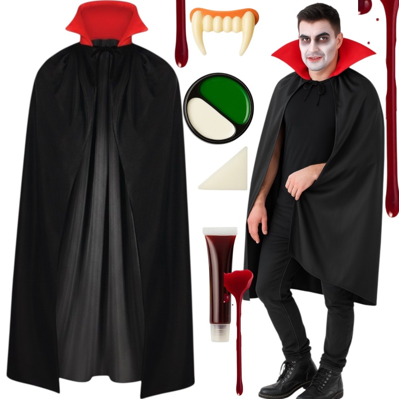 Zestaw Dracula z peleryną 128cm i makeup na Halloween