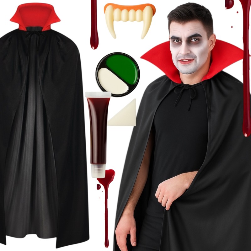 Zestaw Dracula z peleryną 128cm i makeup na Halloween