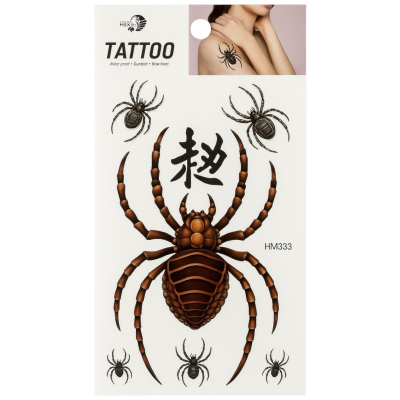Tatuaż zmywalny pająki chińskie znaki 1 szt.
