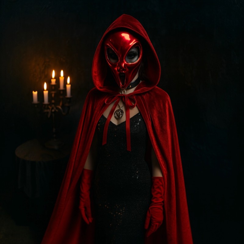 Strój Cyber Alien z Metaliczną Maską i Aksamitną Peleryną