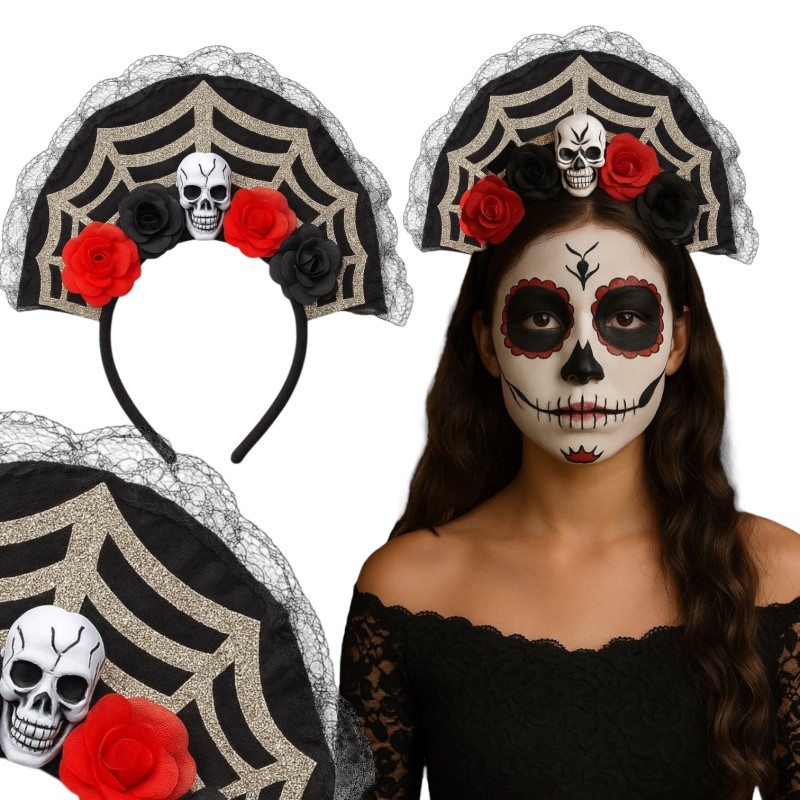 Opaska Halloween LaCatrina z kwiatami i czaszką