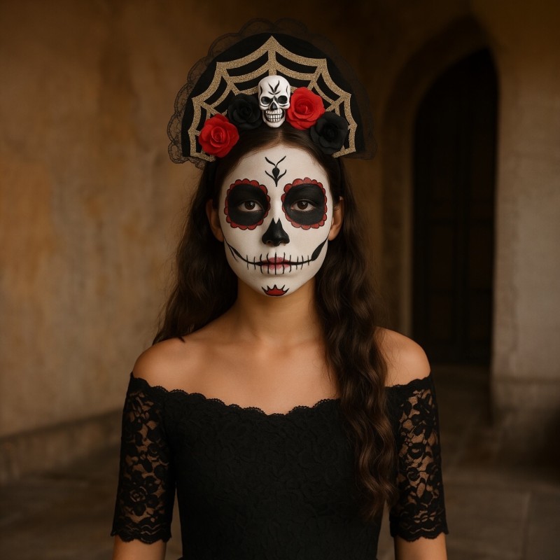 Opaska Halloween LaCatrina z kwiatami i czaszką