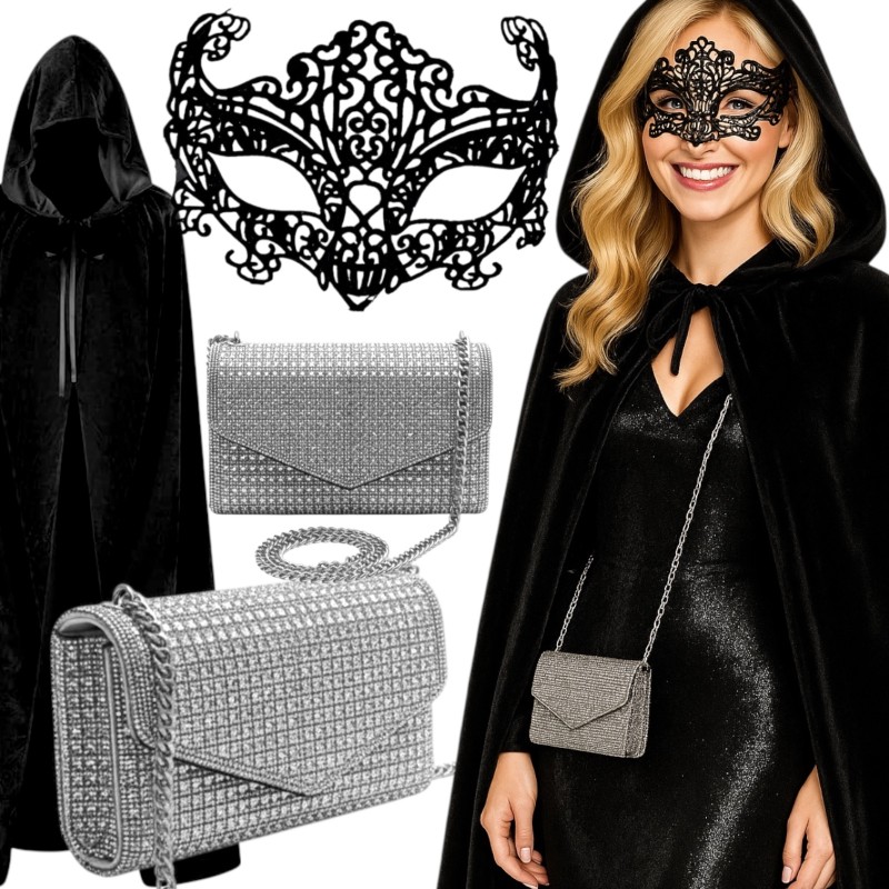 Zestaw karnawałowy: peleryna, maska, torebka