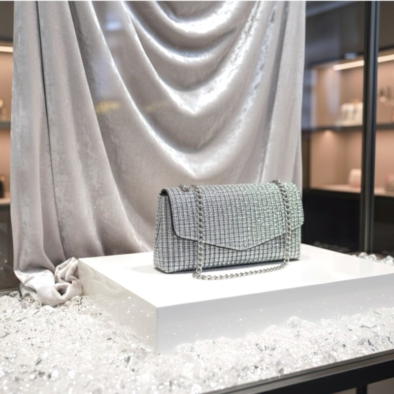 Torebka Srebrna Kryształki 12x18 cm ( głębokość 7 cm) lata 40