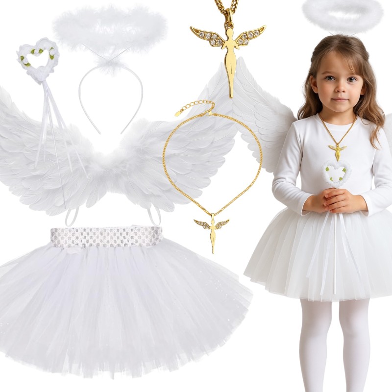 Zestaw Aniołek: TUTU, Skrzydełka, Aureolka, Różdżka, Medalik