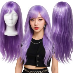 Peruka Długie Fioletowe Włosy z Białymi Pasemkami