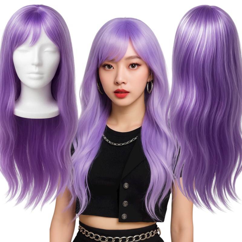 Peruka Długie Fioletowe Włosy z Białymi Pasemkami