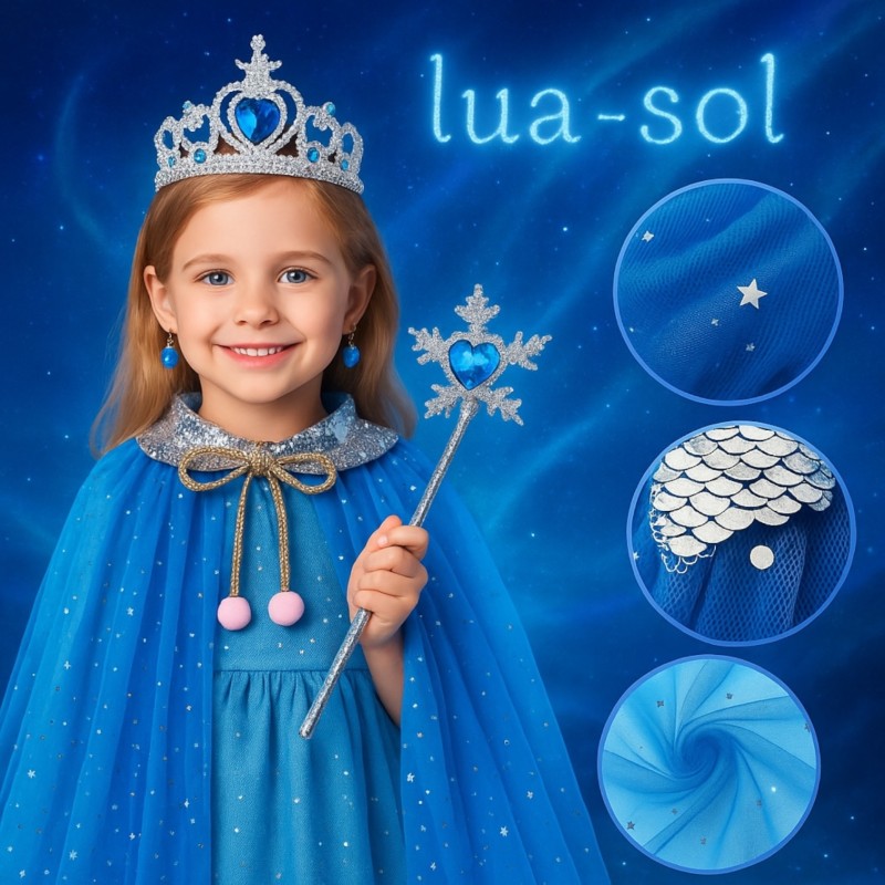 Peleryna Tiulowa Niebieska z Koroną i Różdżką