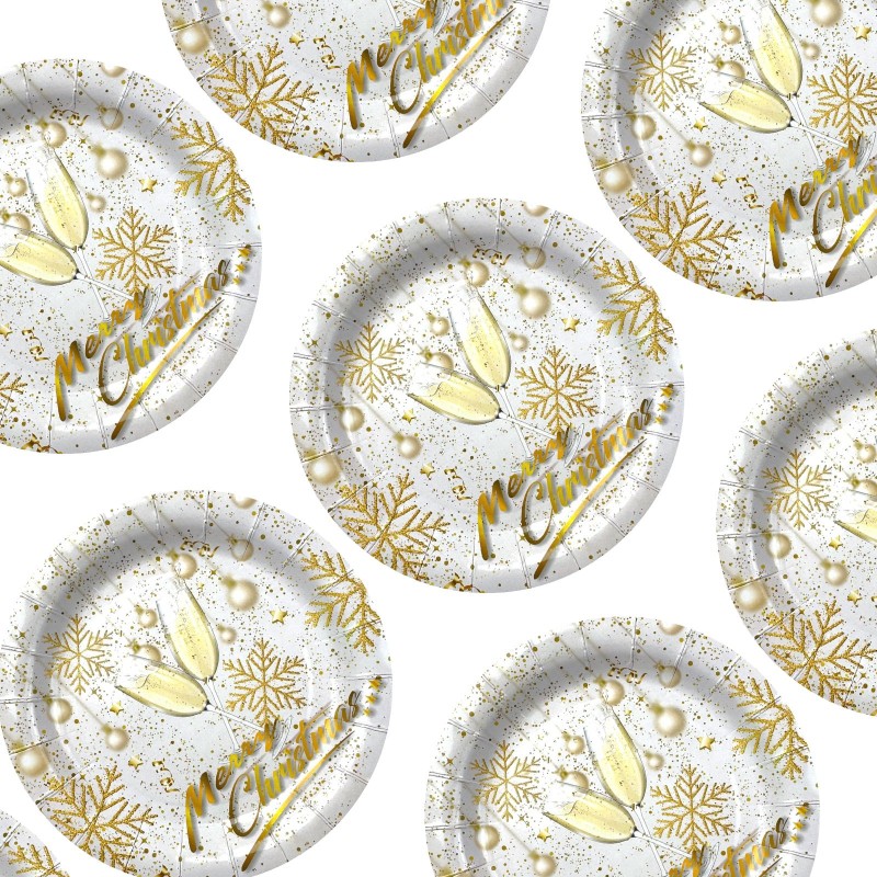Talerzyki jednorazowe 18cm 8 sztuk złote Merry Christmas