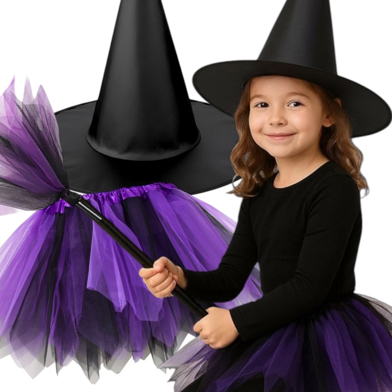 Strój Wiedźmy dla Dzieci z Kapeluszem i Miotłą