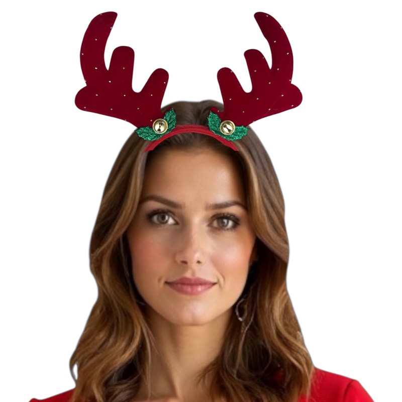 Aksamitna Opaska Renifer z Rogami i Dzwoneczkami Jelonek