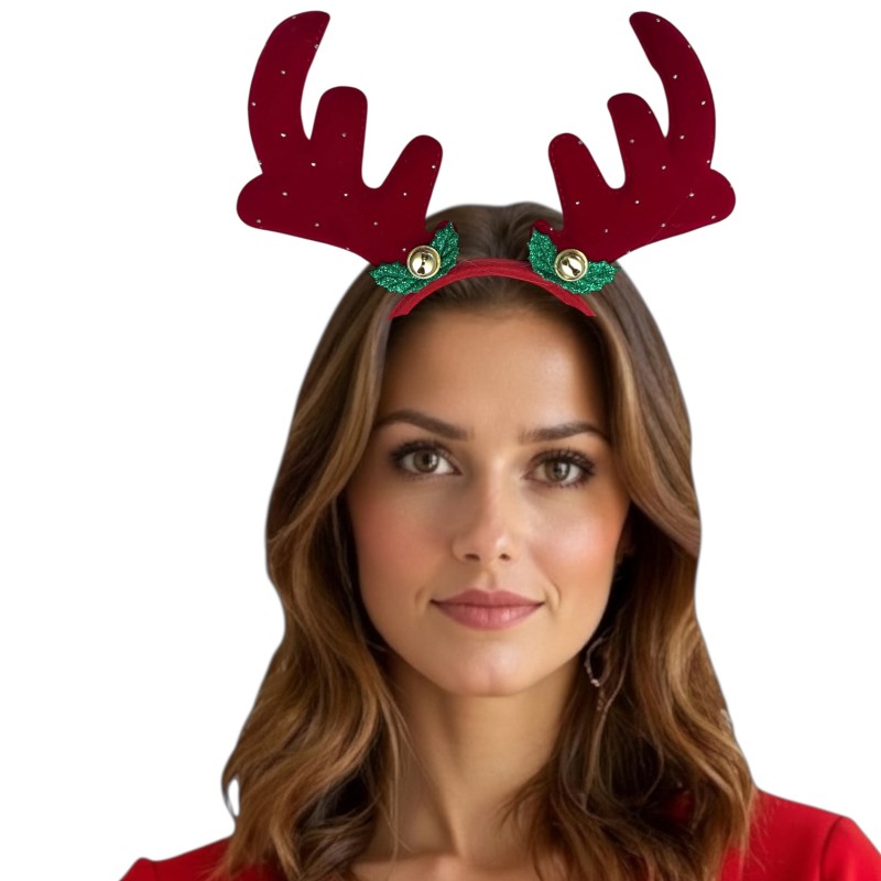 Aksamitna Opaska Renifer z Rogami i Dzwoneczkami Jelonek